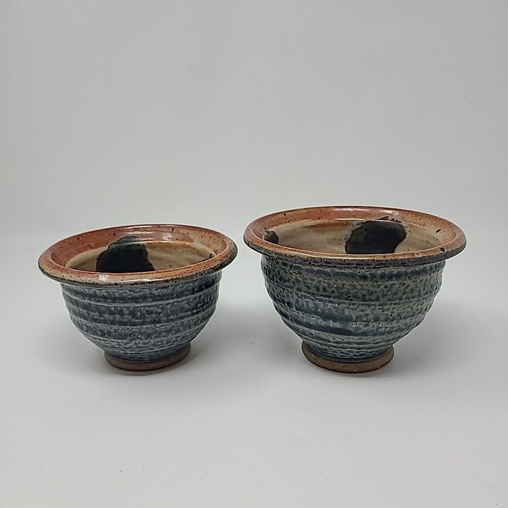 Studio Art Potter Bowls Cup Signed RW Blue Brown Set of 2